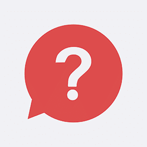 Red speech bubble icon with a white question mark inside, symbolising help or FAQs.