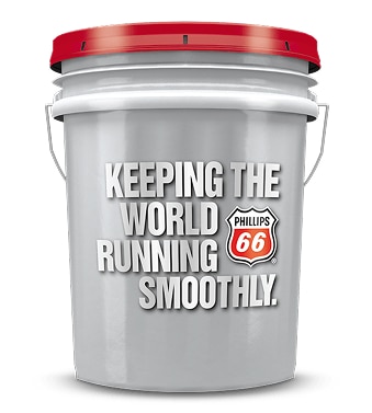Phillips 66 lubricant pail with red lid and slogan “Keeping the world running smoothly”